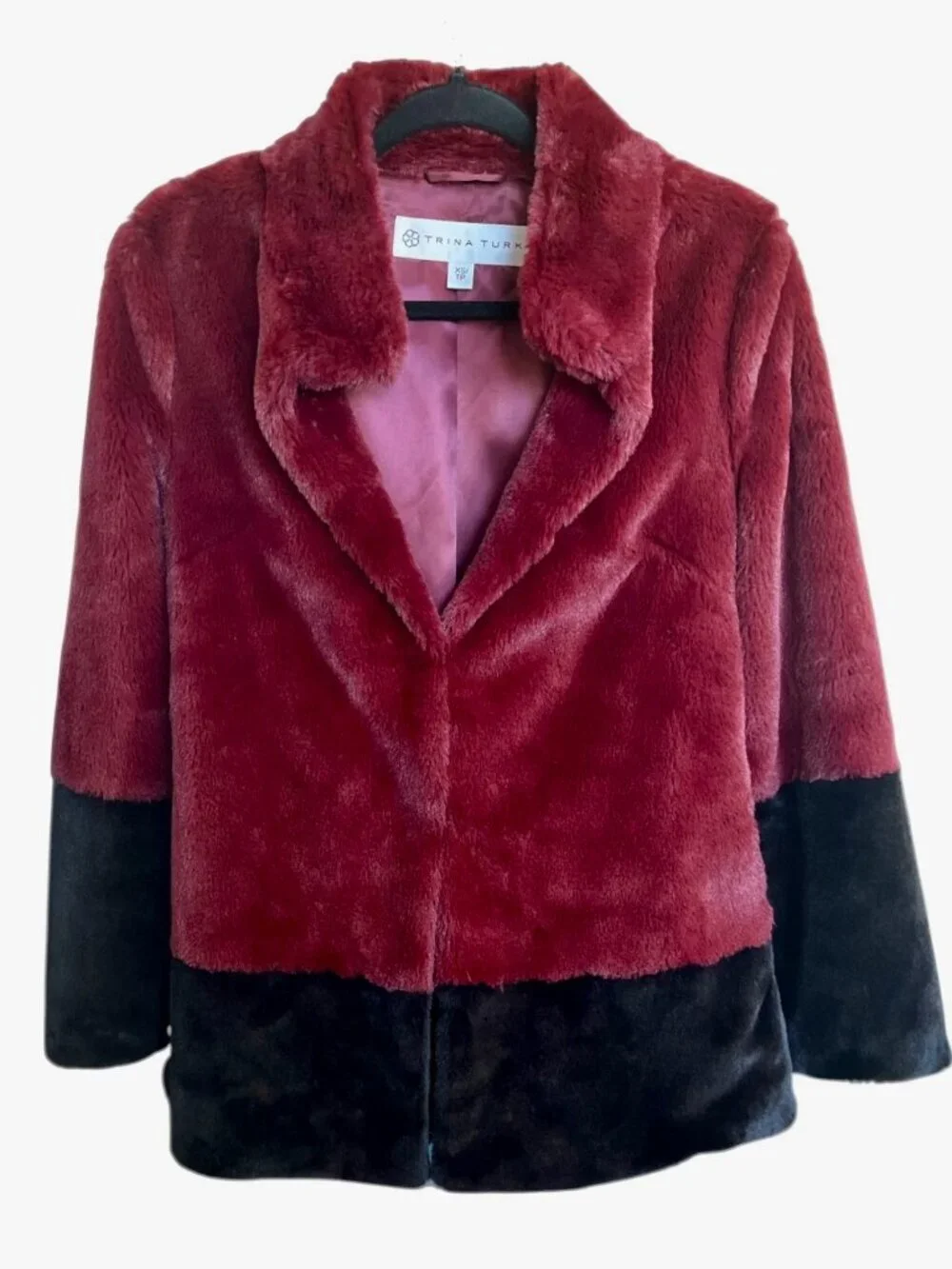 Trina Turk Blanche Faux Fur Coat Burgundy Black Colorblock Jacket XS Oversized